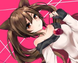 Rule 34 | 1girl, alternate hairstyle, animal ears, bad id, bad twitter id, bare shoulders, brooch, brown eyes, brown hair, closed mouth, dutch angle, hair between eyes, imaizumi kagerou, jewelry, karasusou nano, long hair, looking at viewer, pink background, sleeves past wrists, solo, touhou, twintails, upper body, wolf ears