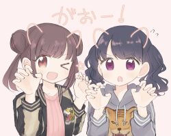 Rule 34 | &gt; o, 2girls, black hair, brown eyes, brown hair, claw pose, commentary, double bun, fang, fukumaru koito, hair bun, highres, hood, hoodie, idolmaster, idolmaster shiny colors, jacket, long sleeves, looking at viewer, medium hair, migirinano, multiple girls, one eye closed, open clothes, open jacket, open mouth, pink background, print hoodie, purple eyes, skin fang, sonoda chiyoko, swept bangs, symbol-only commentary, twintails, upper body