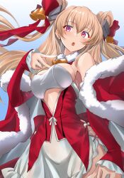 1girl bell breasts bridal_gauntlets brown_eyes cape commentary_request detached_collar fur-trimmed_cape fur_trim hair_bell hair_ornament hair_ribbon highres johnston_(christmas_mode)_(kancolle) johnston_(kancolle) kantai_collection large_breasts looking_at_viewer neck_bell official_alternate_costume red_bridal_gauntlets red_cape red_eyes red_ribbon ribbon skirt solo tsukasa_(tukasa_br) white_skirt