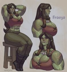 Rule 34 | 1girl, abs, absurdres, arms behind head, artist name, black footwear, blush, boots, breasts, brown hair, brown pants, character name, cleavage, colored skin, commentary, english commentary, female orc, from side, green skin, highres, jewelry, large breasts, long hair, looking at viewer, m4rjinn, multiple views, muscular, muscular female, necklace, orc, original, pants, pointy ears, profile, red eyes, simple background, sitting, sleeveless, stool, tooth necklace, tusks, watermark