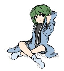 Rule 34 | 1other, alternate eye color, androgynous, atoymk, blue coat, blue hood, blue shorts, blue socks, coat, commentary request, crossed legs, detached hood, green eyes, grey shirt, hood, len&#039;en, long sleeves, medium hair, no shoes, open clothes, open coat, other focus, parted lips, shirt, shitodo aoji, shorts, simple background, sitting, socks, solo, white background
