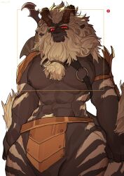 Rule 34 | !, 1boy, abs, animal ears, bara, beard, centauroid, chinese commentary, commentary request, facial hair, fangs, fangs out, furry, furry male, highres, horns, looking at viewer, lynel, male focus, milkybot, muscular, muscular male, nintendo, nipple piercing, pectorals, piercing, red eyes, taur, the legend of zelda, the legend of zelda: breath of the wild, viewfinder, white background