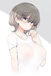 Rule 34 | 1girl, arm behind back, blue eyes, blush, breasts, brown hair, closed mouth, collarbone, commentary, eyelashes, fingernails, glasses, hair between eyes, half-closed eyes, hand to own mouth, hand up, jewelry, large breasts, long fingernails, looking at viewer, nail polish, nekoume, no bra, original, pink nails, ring, see-through, shirt, short hair, short sleeves, solo, upper body, wedding band, wet, wet clothes, wet shirt, white shirt