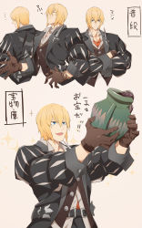 Rule 34 | 1boy, :d, beige background, belt, black coat, blonde hair, blue eyes, brown gloves, closed mouth, coat, crossed arms, eizen (tales), closed eyes, gloves, hair over eyes, highres, holding, multiple persona, open mouth, rokuji, smile, tales of (series), tales of berseria, translation request, vase