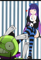 Rule 34 | 10s, 1girl, blush, chuck (psg), dress, goth fashion, heart, looking at viewer, one eye closed, panty &amp; stocking with garterbelt, sitting, smile, spoon, stocking (psg), wink