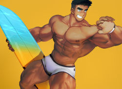Rule 34 | 1boy, abs, bara, bare pectorals, bulge, dark-skinned male, dark skin, erection, erection under clothes, grey eyes, grin, highres, holding, holding surfboard, large pectorals, looking to the side, male focus, male swimwear, muscular, muscular male, navel, nipples, orange background, original, pectorals, short hair, smile, solo, stomach, surfboard, swim briefs, thick eyebrows, thick thighs, thighs, uleez, undercut, white male swimwear