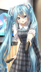 Rule 34 | 1girl, :d, blue eyes, blue hair, blush, collared shirt, commentary request, dress, flat screen tv, grey dress, hair between eyes, hair ornament, hair scrunchie, hatsune miku, highres, holding, holding microphone, indoors, leaning forward, long hair, looking at viewer, microphone, open mouth, pentagon (railgun ky1206), plaid, plaid dress, puffy short sleeves, puffy sleeves, scrunchie, shirt, short sleeves, sidelocks, sleeveless, sleeveless dress, smile, solo, standing, television, twintails, very long hair, vocaloid, white scrunchie, white shirt
