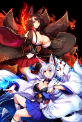 Rule 34 | 2girls, akagi (azur lane), animal ears, azur lane, black hair, blue eyes, blunt bangs, blush, breasts, cleavage, closed mouth, commentary request, cowboy shot, fire, fox ears, fox mask, fox tail, hakama, hakama short skirt, hakama skirt, highres, japanese clothes, kaga (azur lane), large breasts, long hair, long sleeves, looking at viewer, mask, multiple girls, multiple tails, ouma tokiichi, parted lips, red eyes, shikigami, short hair, silver hair, skirt, smile, tail, wide sleeves