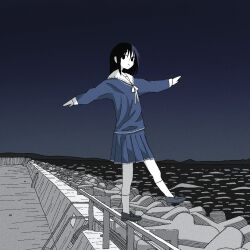 Rule 34 | 1girl, ashuu (4syup), balancing, blue serafuku, blue skirt, closed mouth, commentary request, hatching (texture), horizon, jitome, keihou no atta hi (neutrino), kneehighs, limited palette, loafers, long hair, long sleeves, looking at viewer, neck ribbon, night, ocean, on railing, outdoors, outstretched arms, pleated skirt, railing, ribbon, school uniform, serafuku, shoes, shore, skirt, smirk, socks, solo, spread arms, standing, standing on one leg, tetrapod