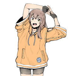 Rule 34 | anchor symbol, arms up, bike shorts, black gloves, black shorts, brown hair, commentary, fingerless gloves, gloves, guilty gear, guilty gear strive, hood, hoodie, long hair, long sleeves, looking at viewer, may (guilty gear), open mouth, orange hoodie, poncocchan, shorts, smile, solo, teeth, upper teeth only, white background, wide sleeves, yellow eyes