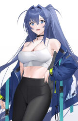 Rule 34 | 1girl, absurdres, azur lane, bare shoulders, black choker, black pants, blue eyes, blue hair, blue jacket, breasts, camisole, character request, choker, cleavage, commentary request, cowboy shot, crop top, hair intakes, highres, jacket, large breasts, leggings, long hair, long sleeves, looking at viewer, midriff, navel, new jersey (azur lane), off shoulder, open mouth, pants, raitho, simple background, solo, spaghetti strap, standing, stomach, thighs, very long hair, white background