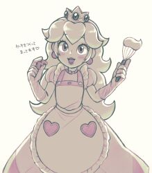 Rule 34 | 1girl, :d, apron, blush, crown, crown (symbol), crown print, dough, dress, earrings, eyelashes, food, gloves, haco8528, hands up, heart, highres, holding, holding whisk, jewelry, lips, looking at viewer, mario (series), nintendo, open mouth, pink dress, pink eyes, pink gloves, princess peach, print apron, puffy short sleeves, puffy sleeves, short sleeves, simple background, smile, solo, sphere earrings, spot color, super mario bros. 1, talking, thick lips, translation request, whisk, white background