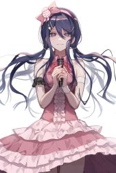 Rule 34 | 1girl, bare shoulders, blue hair, bow, cowboy shot, danganronpa: trigger happy havoc, danganronpa (series), dress, frilled dress, frills, grey background, hair between eyes, hairband, holding, holding microphone, idol, long hair, looking at viewer, low twintails, maizono sayaka, microphone, official alternate costume, pink bow, pink dress, pink hairband, simple background, smile, snowcake47, solo, twintails, white dress