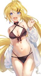 Rule 34 | 1girl, aged up, alternate hair length, alternate hairstyle, bikini, black bikini, blue eyes, breasts, cleavage, commentary request, earrings, hair between eyes, hand up, happy, high ponytail, highres, inuyama (1109), jewelry, kagamine rin, long hair, looking at viewer, medium breasts, midriff, multiple hairpins, navel, off shoulder, open mouth, signature, sketch, sleeves past fingers, sleeves past wrists, solo, stomach, stomach day, sweat, swept bangs, swimsuit, very long hair, vocaloid, white background