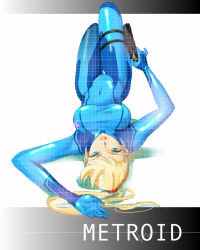 Rule 34 | 1girl, aqua eyes, blonde hair, blue eyes, bodysuit, breasts, gun, gurio go go, large breasts, long hair, looking at viewer, lying, metroid, metroid: other m, mole, mole under mouth, navel, nintendo, on back, ponytail, samus aran, shirt, skin tight, smile, solo, standing, taut clothes, taut shirt, weapon, zero suit