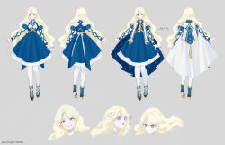 Rule 34 | !, 1girl, bare shoulders, blonde hair, blue dress, blue eyes, blue footwear, boots, braid, closed mouth, commentary, cross-laced footwear, detached sleeves, dress, english commentary, flower, grey background, hair flower, hair ornament, haruri, head tilt, juliet sleeves, lace-up boots, long hair, long sleeves, multiple views, open mouth, original, pantyhose, parted bangs, parted lips, puffy sleeves, simple background, sleeveless, sleeveless dress, smile, very long hair, white dress, white flower, white pantyhose, white sleeves