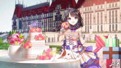 Rule 34 | 1girl, :d, aile (crossroads), alcohol, animal, bare shoulders, birthday cake, black hair, bouquet, bow, box, braid, breasts, building, cake, champagne, champagne flute, commentary request, copyright request, cup, day, dress, drinking glass, flower, food, gift, gift box, gloves, hair bow, happy birthday, highres, holding, holding bouquet, holding cup, long hair, multicolored hair, nijisanji, off-shoulder dress, off shoulder, open mouth, outdoors, pink flower, pink rose, purple bow, purple eyes, purple hair, rabbit, rose, round teeth, small breasts, smile, solo, streaked hair, table, teeth, tiara, upper teeth only, virtual youtuber, virtuareal, white dress, white gloves, yellow flower, yellow rose