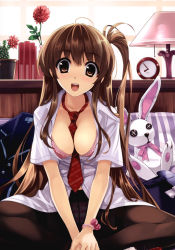 Rule 34 | 1girl, :d, absurdres, asymmetrical hair, between breasts, bra, breasts, brown hair, rabbit, cactus, cleavage, clock, copyright request, cover, crotch seam, flower, highres, lamp, lingerie, long hair, magazine cover, misaki kurehito, necktie, open clothes, open mouth, open shirt, panties, panties under pantyhose, pantyhose, scan, shirt, side ponytail, sitting, smile, solo, stuffed animal, stuffed rabbit, stuffed toy, underwear