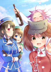 Rule 34 | 10s, 4girls, :d, ahoge, bad id, bad pixiv id, beret, black hair, blue eyes, blush, bottle, brown eyes, brown hair, crossed arms, day, drill hair, closed eyes, gloves, hand on another&#039;s shoulder, hat, highres, holding, holding bottle, jun&#039;you (kancolle), kantai collection, long hair, looking at viewer, looking to the side, magatama, mashiro aa, maya (kancolle), military, military uniform, multiple girls, open mouth, paper airplane, red eyes, round teeth, ryuujou (kancolle), short hair, sky, smile, spiked hair, takao (kancolle), teeth, twin drills, twintails, uniform, visor cap, water