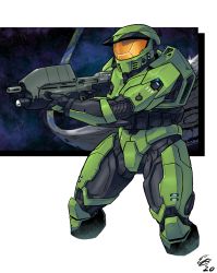 Rule 34 | 1boy, armor, assault rifle, bullpup, commentary, cropped legs, english commentary, ethandoesathing, gun, halo (series), helmet, highres, holding, holding gun, holding weapon, ma5, male focus, master chief, power armor, rifle, science fiction, solo, space, spartan (halo), visor, weapon