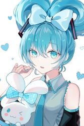 Rule 34 | 1girl, bad id, bad pixiv id, black sleeves, blue bow, blue eyes, blue hair, blue necktie, bow, cinnamiku, cinnamoroll, collared shirt, commentary, commentary request, detached sleeves, ear bow, grey shirt, hair between eyes, hair bow, hatsune miku, heart, heart background, highres, iren lovel, long sleeves, looking at viewer, necktie, parted lips, polka dot, sanrio, shirt, sleeveless, sleeveless shirt, smile, tied ears, upper body, vocaloid, white background, wide sleeves