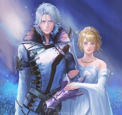 Rule 34 | 1boy, 1girl, arm strap, armor, asymmetrical armor, bare shoulders, belt, blonde hair, blue background, blue eyes, braid, breasts, brother and sister, cleavage, dated, detached sleeves, dress, final fantasy, final fantasy xv, green eyes, hair up, high collar, holding another&#039;s arm, jacket, jewelry, long sleeves, looking at another, lunafreya nox fleuret, medium breasts, medium hair, necklace, open collar, ornate clothes, parted bangs, parted lips, ponytail, ravus nox fleuret, regan (hatsumi), shoulder armor, siblings, signature, smile, strapless, strapless dress, white dress, white jacket, wide sleeves