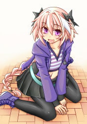 Rule 34 | 1boy, astolfo (fate), astolfo (memories at trifas) (fate), between legs, black thighhighs, boots, braid, brick floor, commentary, crop top, fang, fate/apocrypha, fate (series), full body, hair between eyes, hair intakes, hair ribbon, hand between legs, highres, hood, hoodie, jacket, kneeling, kumapan, long hair, looking at viewer, male focus, midriff, navel, official alternate costume, open clothes, open jacket, open mouth, pink hair, purple eyes, ribbon, shirt, single braid, sitting, skirt, smile, solo, striped clothes, striped shirt, thighhighs, trap, v-neck, very long hair, wariza, white background