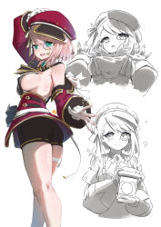 Rule 34 | 1girl, ass, backless shirt, bare legs, bare shoulders, beret, black shorts, breasts, charlotte (genshin impact), commentary request, detached sleeves, feet out of frame, genshin impact, green eyes, hat, highres, keyfanjun, large breasts, long sleeves, looking at viewer, miniskirt, monocle, multiple views, open mouth, pink hair, red headwear, red skirt, short hair, short shorts, shorts, sideboob, simple background, skirt, standing, thigh strap, thighs, upper body, white background