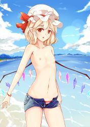 Rule 34 | 1girl, :o, absurdres, bad id, bad pixiv id, bikini, blue sky, breasts, cloud, cloudy sky, cowboy shot, day, flandre scarlet, hat, hat ribbon, highres, lens flare, looking at viewer, mob cap, mu yan, navel, nipples, outdoors, pointy ears, red bikini, red ribbon, ribbon, short shorts, shorts, sky, small breasts, solo, striped bikini, striped clothes, swimsuit, topfreedom, topless, touhou, wings