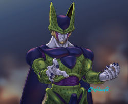Rule 34 | 1boy, artist name, blurry, blurry background, cell (dragon ball), commentary request, dragon ball, dragonball z, fingernails, hands up, looking to the side, male focus, muscular, naomi (nplusn), parted lips, perfect cell, pink eyes, smile, smirk, solo, teeth, wings