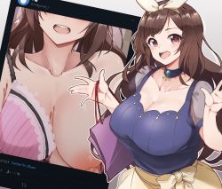 Rule 34 | 1girl, 96nokimihito, absurdres, bag, bow hairband, bra, breasts, brooch, brown hair, choker, cleavage, commentary request, grey background, hair ribbon, hairband, highres, idolmaster, idolmaster shiny colors, jewelry, large breasts, long hair, looking at viewer, nipples, open hands, pink bra, pink eyes, puffy short sleeves, puffy sleeves, ribbon, see-through, see-through sleeves, short sleeves, skirt, solo, tote bag, tsukioka kogane, underwear, white hairband, yellow skirt