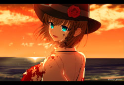 Rule 34 | 1girl, blood, blood on clothes, blood on face, braid, breasts, brown hair, charlotte corday (fate), charlotte corday (third ascension) (fate), crying, fate/grand order, fate (series), flower, green eyes, hat, hat flower, large breasts, letterboxed, meiji ken, ocean, solo, sunset, twitter username