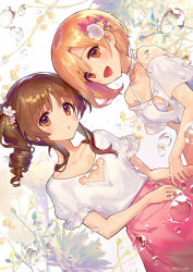 Rule 34 | 2girls, :d, :o, aiba yumi, ainy, artist name, blonde hair, blush, bra, brown eyes, brown hair, choker, cleavage cutout, clothing cutout, collarbone, commentary request, dutch angle, flower, hair flower, hair ornament, heart, heart choker, heart cutout, highres, idolmaster, idolmaster cinderella girls, looking at viewer, multiple girls, off-shoulder shirt, off shoulder, open mouth, parted lips, pink flower, pink skirt, puffy short sleeves, puffy sleeves, purple flower, shirt, short hair, short sleeves, side ponytail, sidelocks, skirt, smile, takamori aiko, twitter username, underwear, upper body, water drop, white background, white bra, white choker, white flower, white shirt, yellow flower