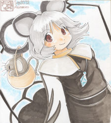 Rule 34 | 1girl, animal ears, aoneco, basket, capelet, female focus, grey hair, jewelry, long sleeves, mouse (animal), mouse ears, mouse tail, nazrin, red eyes, shikishi, short hair, smile, solo, tail, touhou, traditional media