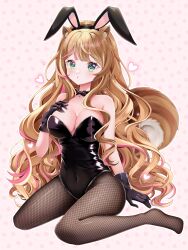 Rule 34 | 1girl, absurdres, alternate costume, animal ears, ayunda risu, black gloves, black leotard, black pantyhose, blush, bow, bowtie, breasts, brown hair, cleavage, covered navel, fake animal ears, fishnet pantyhose, fishnets, gloves, green eyes, hand on own chest, heart, highleg, highleg leotard, highres, hololive, hololive indonesia, jewelry, leotard, long hair, looking at viewer, multicolored hair, no shoes, pantyhose, patterned background, pendant, pink background, pink hair, playboy bunny, rabbit ears, ruikanna7, sitting, solo, squirrel ears, squirrel girl, squirrel tail, strapless, strapless leotard, streaked hair, tail, very long hair, virtual youtuber, wariza