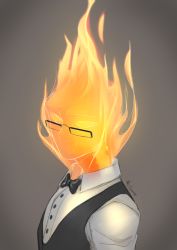 Rule 34 | 1boy, bow, bowtie, collared shirt, fire, fire, glasses, grey background, grillby, male focus, meammy, shirt, signature, simple background, solo, undertale, upper body, vest, white shirt