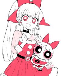 Rule 34 | 1girl, :d, akazutsumi momoko, blossom (ppg), blunt bangs, bow, bright pupils, capelet, choker, christmas, danishi, dress, dual persona, fur trim, hair bow, highres, long hair, monochrome, open mouth, powerpuff girls, powerpuff girls z, red dress, red eyes, smile, white background, white pupils