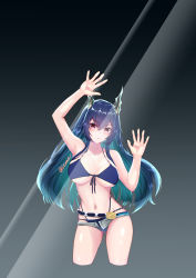 Rule 34 | 1girl, absurdres, against glass, aqua hair, arknights, arm up, armpits, bare arms, bare shoulders, bikini, bikini under clothes, blue bikini, blue hair, breast press, breasts, ch&#039;en (arknights), ch&#039;en the holungday (arknights), ch&#039;en the holungday (elite ii) (arknights), cleavage, collarbone, commentary request, contrapposto, cropped legs, dark background, dragon horns, gluteal fold, gradient background, gradient hair, grey shorts, highres, horns, large breasts, leone (kamina0205), looking at viewer, multicolored hair, navel, no tail, open clothes, open fly, open shorts, parted lips, purple eyes, short shorts, shorts, solo, stomach, swimsuit, twitter username, underboob