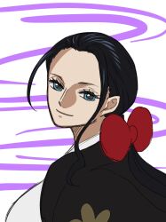 Rule 34 | 1girl, black hair, blue eyes, close-up, commentary request, hair ribbon, haori, highres, inu draw, japanese clothes, looking at viewer, looking back, nico robin, one piece, ponytail, red ribbon, ribbon, sidelocks, simple background, smile, solo