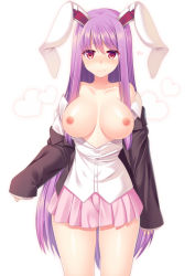 Rule 34 | 1girl, animal ears, bad id, bad pixiv id, bare shoulders, blazer, blush, breasts, breasts apart, breasts out, collarbone, cowboy shot, heart, jacket, large breasts, long hair, looking at viewer, matatabi maru, nipples, off shoulder, pink skirt, pleated skirt, purple hair, rabbit ears, red eyes, reisen udongein inaba, shirt, simple background, skirt, sleeves past wrists, solo, standing, touhou, very long hair, white background, white shirt