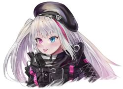 Rule 34 | 1girl, :p, beret, blue eyes, blunt bangs, blush, eyelashes, girls&#039; frontline, grey hair, hat, heterochromia, jacket, long hair, mdr (girls&#039; frontline), multicolored hair, nlitz, pink eyes, pink hair, portrait, side ponytail, simple background, solo, tongue, tongue out, white background, zipper