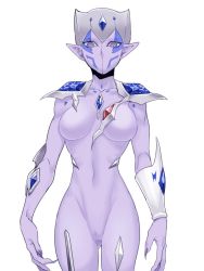 Rule 34 | 1girl, alien, breasts, censored, colored skin, curvy, dumon (yuu-gi-ou zexal), facial mark, gender request, genderswap, grey hair, hip focus, large breasts, looking down, mosaic censoring, nail, no mouth, no nipples, no pussy, nude, pointy ears, purple eyes, purple skin, simple background, solo, thighs, white background, yu-gi-oh!