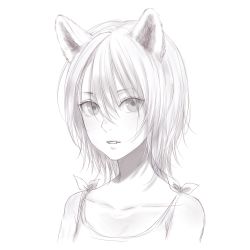 Rule 34 | 1girl, absurdres, animal ears, artist name, bad id, bad twitter id, blush, collarbone, eyes visible through hair, fang, greyscale, hair between eyes, hair over eyes, highres, monochrome, original, parted lips, romiy, short hair, simple background, solo, upper body, white background, wolf ears
