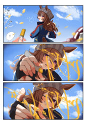 Rule 34 | !, !!, 1girl, 1other, 3koma, absurdres, animal ears, beanie, black gloves, blue jacket, brown hair, chamo (ch22226), comic, drawing on fourth wall, ears through headwear, fingerless gloves, from behind, gloves, grey headwear, hat, highres, holding, holding pen, horse ears, horse girl, jacket, long hair, long sleeves, looking at viewer, nakayama festa (umamusume), pen, pov, pov hands, purple eyes, signature, solo focus, spoken exclamation mark, umamusume