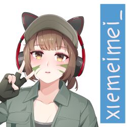 Rule 34 | 1girl, absurdres, animal ear headphones, animal ears, baseball cap, black gloves, blush, bra, bra peek, brown eyes, brown hair, call of duty, call of duty: mobile, cat ear headphones, collarbone, collared shirt, commentary, commission, english commentary, eyeshadow, facial mark, fake animal ears, fingerless gloves, gloves, grey bra, grey headwear, grey shirt, hat, headphones, highres, makeup, narchiart, open collar, parted lips, partially unbuttoned, pink eyeshadow, pocket, ponytail, portrait, shirt, simple background, sports bra, straight-on, teeth, underwear, upper body, upper teeth only, urban tracker (call of duty: mobile), v, white background, yellow eyes