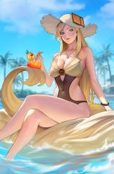 Rule 34 | 1girl, bare legs, bare shoulders, beach, blonde hair, blue eyes, blue sky, bracelet, breasts, cherry, cleavage, cloud, collarbone, covered navel, crossed legs, cup, drink, drinking glass, drinking straw, earrings, food, fruit, guilty gear, guilty gear strive, hat, highres, jewelry, large breasts, long hair, looking to the side, millia rage, necklace, ocean, palm tree, parted lips, phamoz, shaded face, sky, solo, sun hat, swimsuit, tree, umbrella, very long hair, water