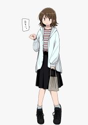 Rule 34 | 1girl, azumaya toushirou, bag, black footwear, black skirt, brown eyes, brown hair, commentary request, full body, handbag, highres, hood, hooded jacket, jacket, knees together feet apart, medium skirt, open clothes, open jacket, open mouth, original, pleated skirt, red shirt, shirt, shoes, short hair, simple background, skirt, socks, solo, speech bubble, standing, striped clothes, striped shirt, swept bangs, teeth, translation request, white background, white shirt, white stripes