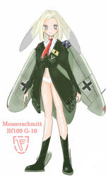Rule 34 | 1girl, aircraft, airplane, bf 109, blonde hair, blush, boots, bottomless, bow, bow panties, character name, emblem, empty eyes, long hair, mecha musume, military, nano (nanosize), necktie, no nose, original, panties, simple background, smile, solo, underwear, white background, world war ii