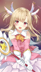 Rule 34 | 1girl, :d, blonde hair, detached sleeves, earrings, elbow gloves, fate/kaleid liner prisma illya, fate (series), feather hair ornament, feathers, floating hair, gloves, hair ornament, head tilt, holding, jewelry, kaetzchen, layered skirt, long hair, looking at viewer, magical girl, neckerchief, open mouth, pink shirt, prisma illya, red eyes, shirt, skirt, sleeveless, sleeveless shirt, smile, solo, standing, two side up, white feathers, white gloves, white skirt, yellow neckerchief