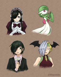 Rule 34 | 4girls, artist name, back, bare shoulders, bat wings, black eyes, black hair, black jacket, black necktie, black wings, blonde hair, blush, bob cut, boku no hero academia, bow, bowtie, breasts, brown background, chainsaw man, character request, closed mouth, collared shirt, colored skin, constricted pupils, creatures (company), cropped torso, daisy, dress, eyepatch, female focus, flat chest, flower, formal, frilled hairband, frills, from behind, game freak, gardevoir, gen 3 pokemon, gloves, gothic lolita, green hair, green headband, green skin, grin, hair over one eye, hairband, hand up, hands up, happy, head wings, headband, highres, himeno (chainsaw man), hinata kanata, holding, holding flower, jacket, juliet sleeves, light blush, lolita fashion, long hair, long sleeves, looking at viewer, looking back, looking to the side, matching hair/eyes, medium breasts, multicolored skin, multiple girls, necktie, nintendo, object on head, one eye covered, open mouth, own hands together, pink shirt, pokemon, pokemon (creature), puffy sleeves, purple bow, purple bowtie, purple dress, purple hairband, red eyes, red shirt, ryuukyuu, sharp teeth, shirt, short hair, sidelocks, simple background, sleeveless, sleeveless shirt, small breasts, smile, split mouth, standing, steepled fingers, straight-on, suit, teeth, trait connection, twitter username, two-tone skin, upper body, watermark, white flower, white gloves, white skin, wings, x fingers, yellow eyes